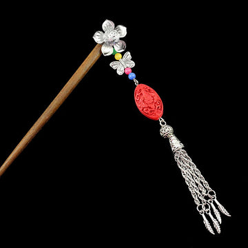 Silver Flower w/ Butterfly Tassels & Lacquered Floral Bead Wood Hair Stick